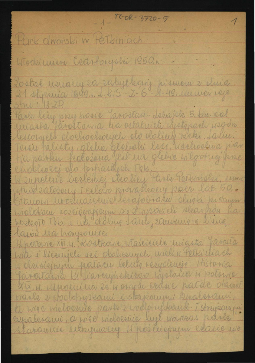 opis parku dworskiego w tej miejscowości sporządzony prawdopodobnie przez Włodzimierza Czartoryskiego w 1950 r.; szesnaście kart , skan 1