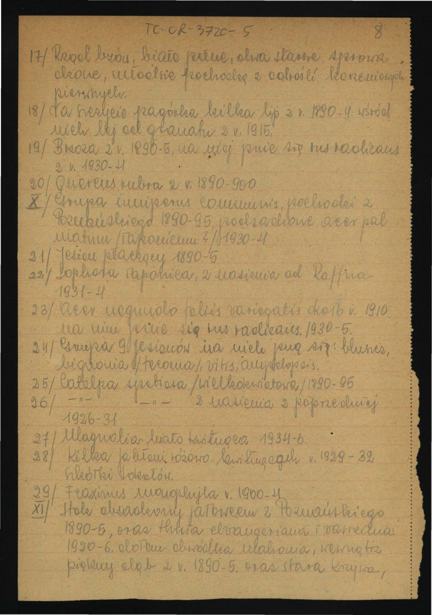 opis parku dworskiego w tej miejscowości sporządzony prawdopodobnie przez Włodzimierza Czartoryskiego w 1950 r.; szesnaście kart , skan 8