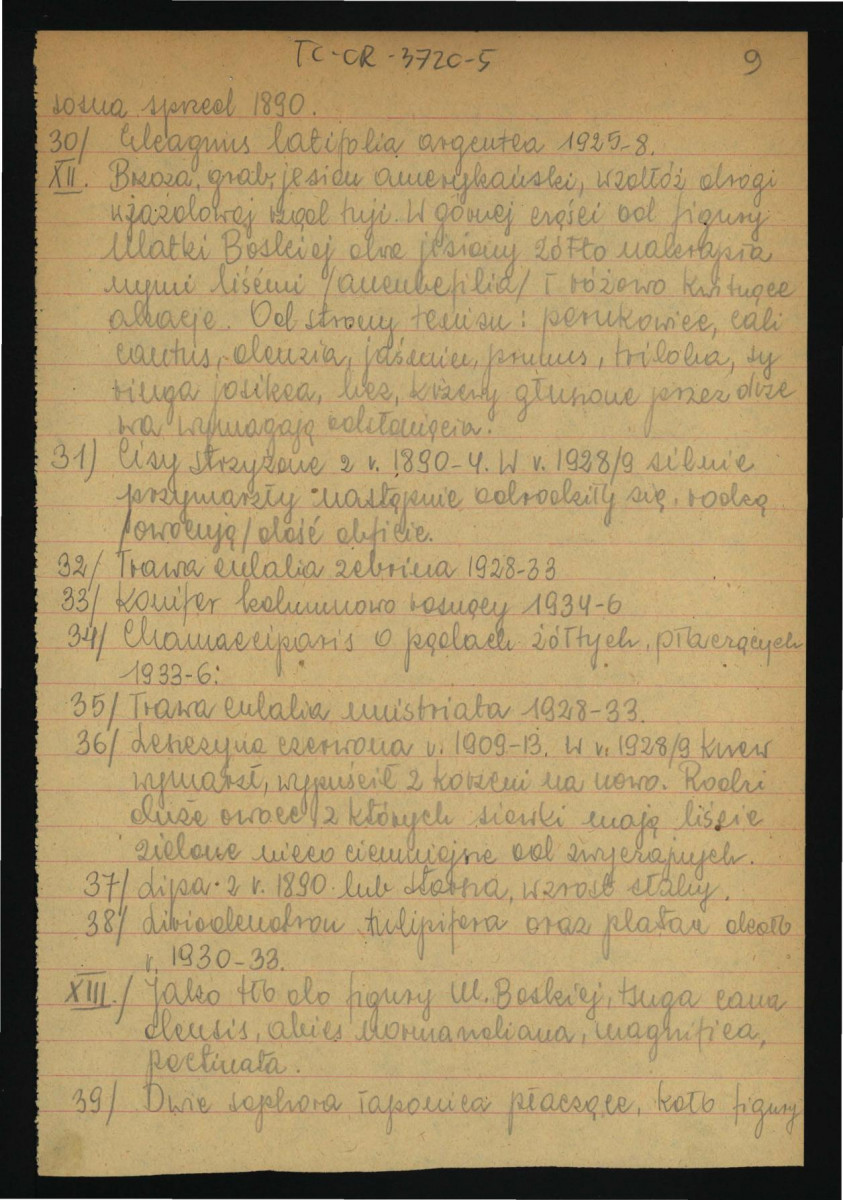 opis parku dworskiego w tej miejscowości sporządzony prawdopodobnie przez Włodzimierza Czartoryskiego w 1950 r.; szesnaście kart , skan 9