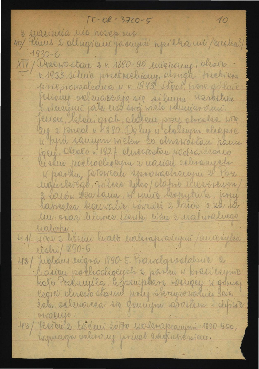 opis parku dworskiego w tej miejscowości sporządzony prawdopodobnie przez Włodzimierza Czartoryskiego w 1950 r.; szesnaście kart , skan 10