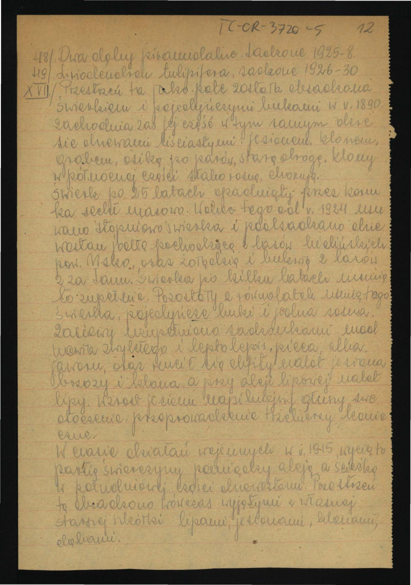 opis parku dworskiego w tej miejscowości sporządzony prawdopodobnie przez Włodzimierza Czartoryskiego w 1950 r.; szesnaście kart , skan 12