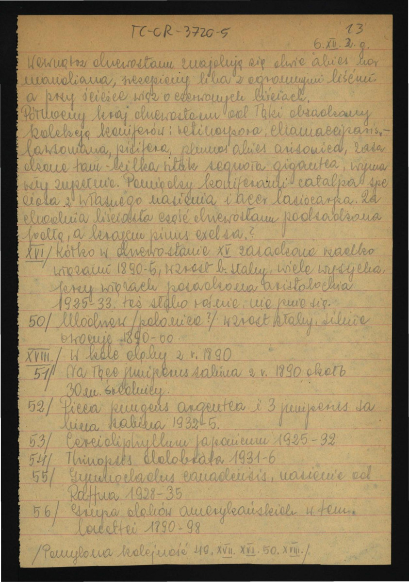 opis parku dworskiego w tej miejscowości sporządzony prawdopodobnie przez Włodzimierza Czartoryskiego w 1950 r.; szesnaście kart , skan 13
