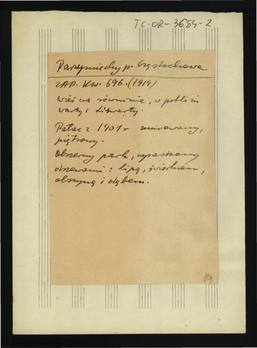 wypis z kwestionariusza Zakładu Architektury Polskiej 696 (1919) wzmiankujący miejscową wioskę, pałac z 1901 r. oraz drzewostan w pobliskim parku, skan 1