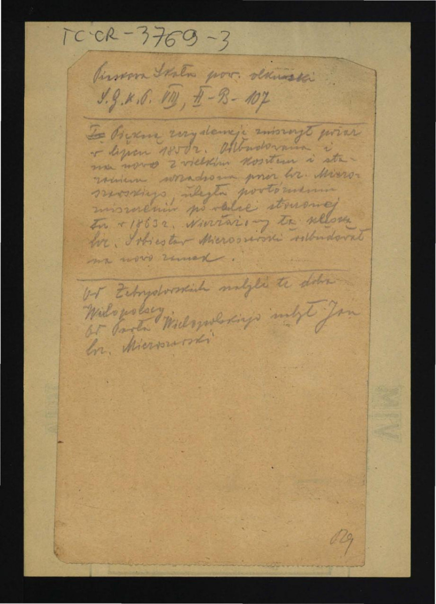 wypis z Słownik Geograficzny Królestwa Polskiego t. VIII, s. 107 dotyczący pożaru w lipcu 1850 r. oraz kosztownej odbudowy zamku; wzmianka dotyczący właścicieli miejscowej posesji , skan 1