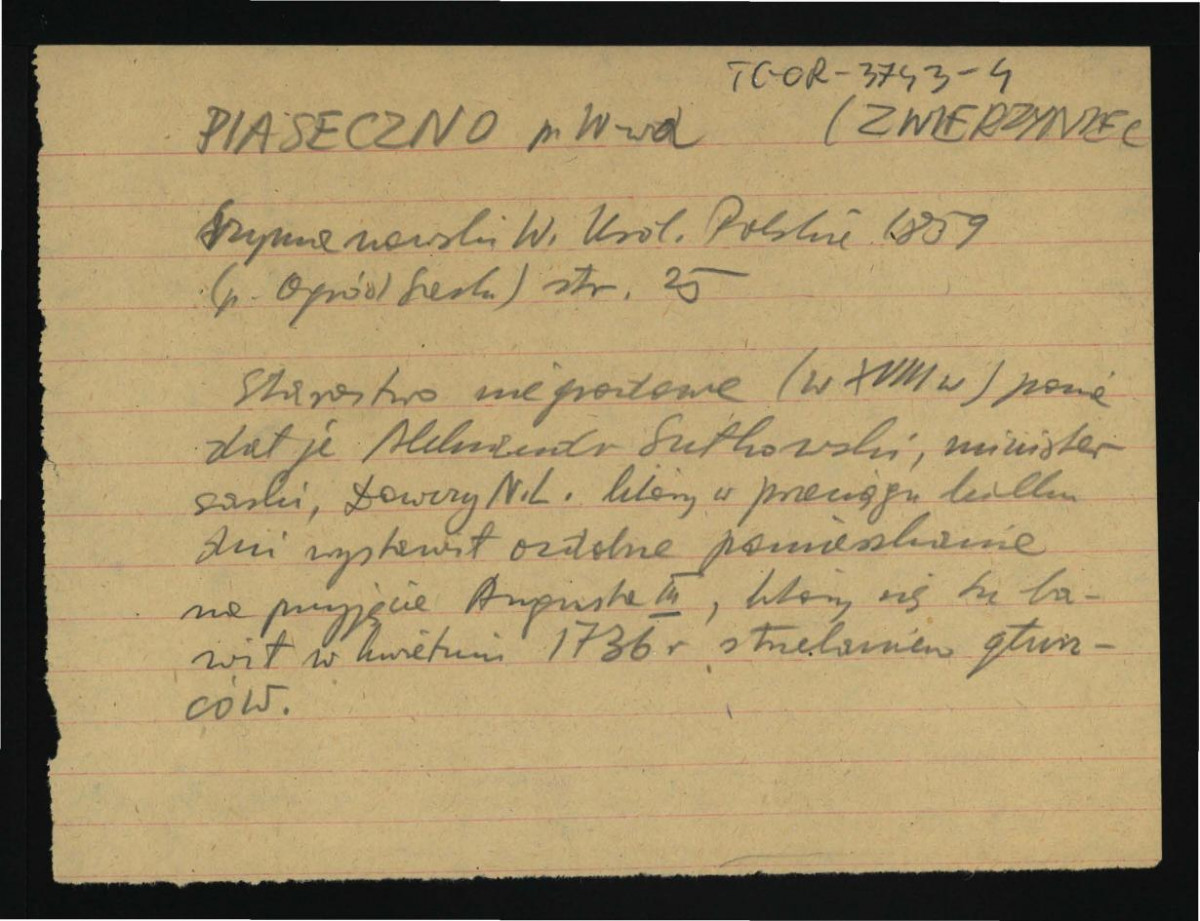 wypis z Szymanowski W., Królestwo Polskie…, Warszawa 1859, s. 25 dotyczący starostwa niegrodowego znajdującego się w latach 30. XVIII w. w posiadaniu ministra Aleksandra Sutkowskiego oraz obecności w kwietniu 1736 r. króla Augusta III                , skan 1