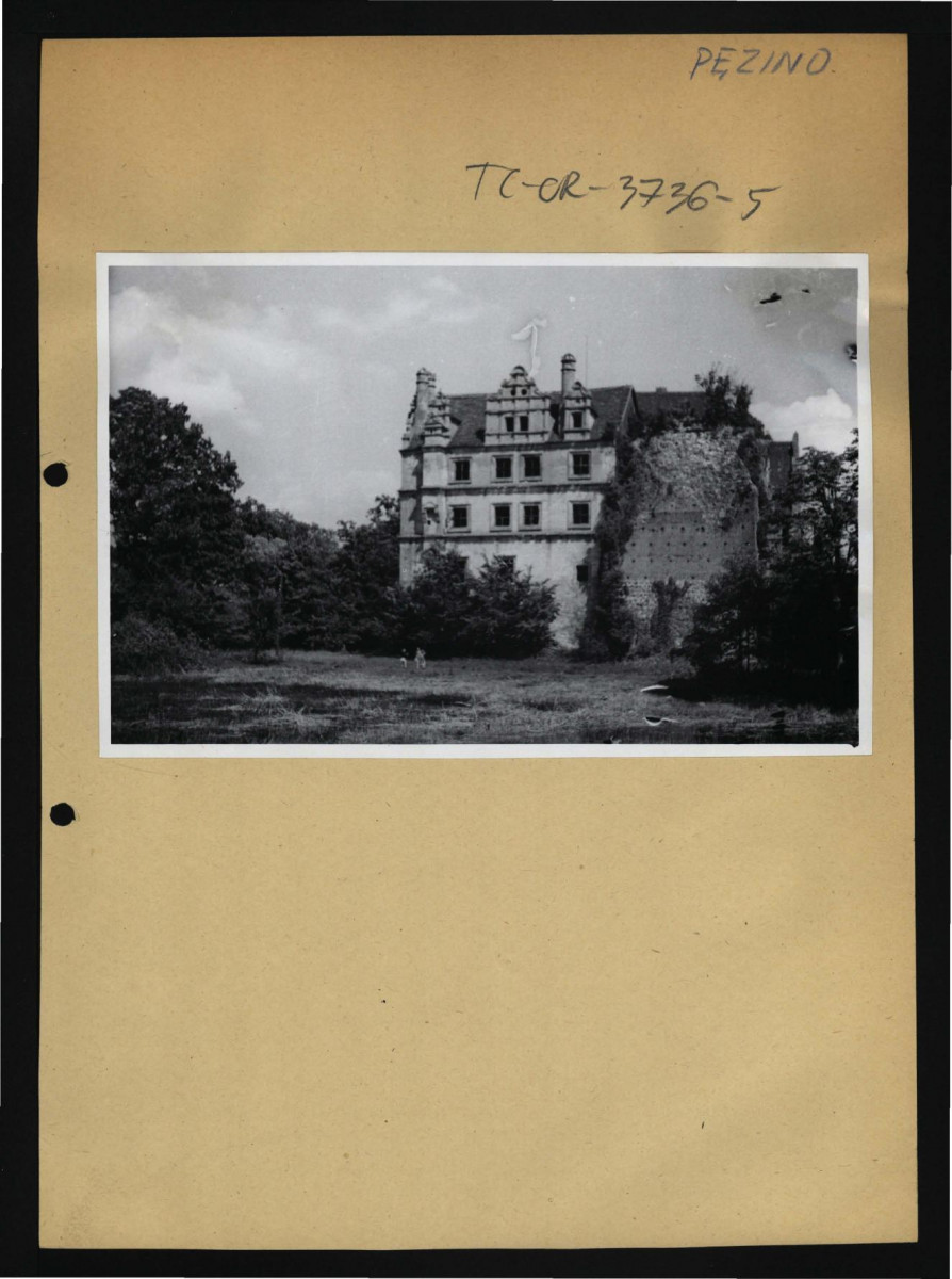 fotografia czarno-biała przedstawiająca fragment elewacji miejscowego zamku                    , skan 1