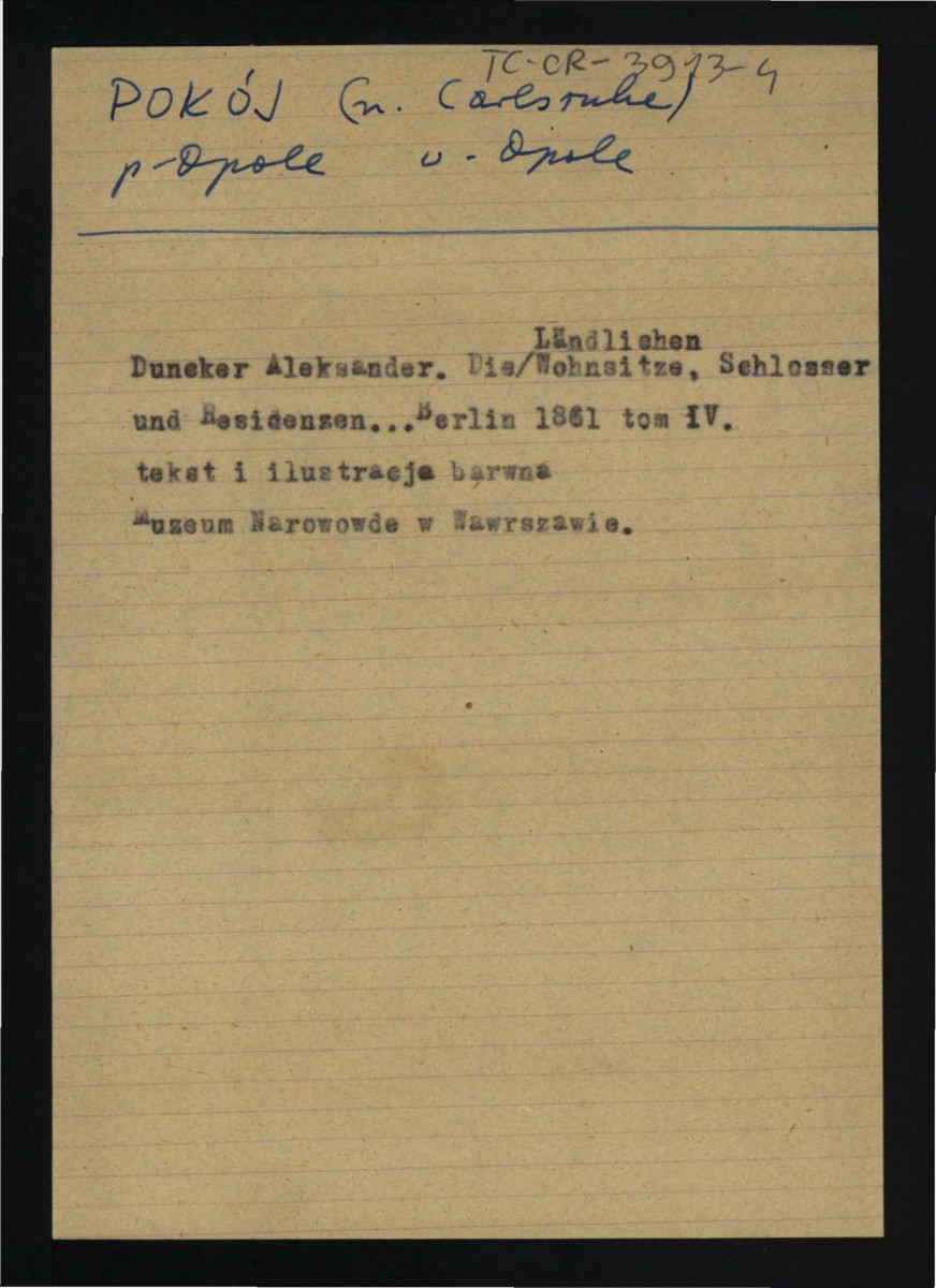 karta opisowa do odbitek fotograficznych reprodukcji rycin pochodzących z Duncker A., Die Landlichen Wohnsitze, Schlosser und Residenzen …, t. IV, Berlin 1861 przedstawiający zabudowę miejscowego pałacu , skan 1