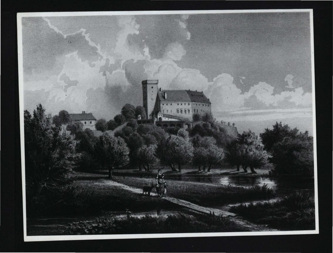 2 fotografie czarno-białe reprodukcji ryciny zamieszczonej w Duncker A., Die Landlichen Wohnsitze, Schlosser und Residenzen …, t. I, Berlin 1858, a przedstawiającej                           miejscowy zamek  , skan 1