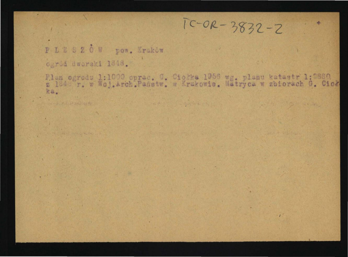 opis niezachowanego w obwolucie planu (1 : 1000) opracowany przez G. Ciołka w 1956 r. według planu katastralnego (1 : 8880) z 1848 r. , skan 1