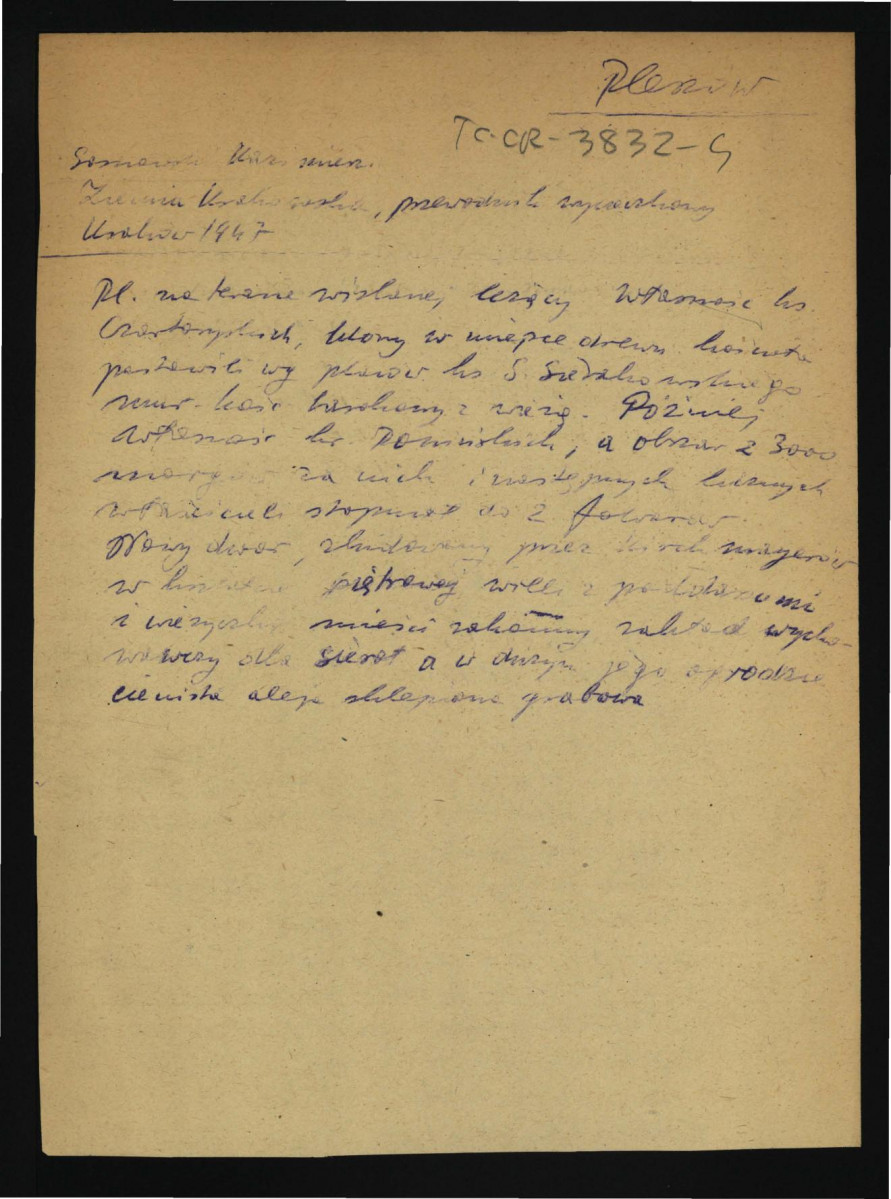 wypis z Sosnowski K., Przewodnik wycieczkowy, Kraków 1947 dotyczący przynależności miejscowej posesji do rodziny Czartoryskich, a następnie Powsińskich, piętrowego dworu oraz murowanego, barokowego kościoła z wieżą, skan 1