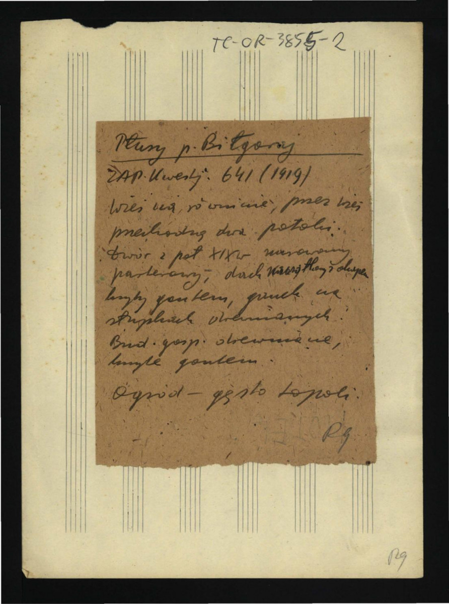 wypis z kwestionariusza ZAKŁAD ARCHITEKTURY POLSKIEJ 641 (1919) wzmiankujący usytuowanie miejscowej wioski, dwór z poł. XIX w. oraz pobliski ogród, skan 1