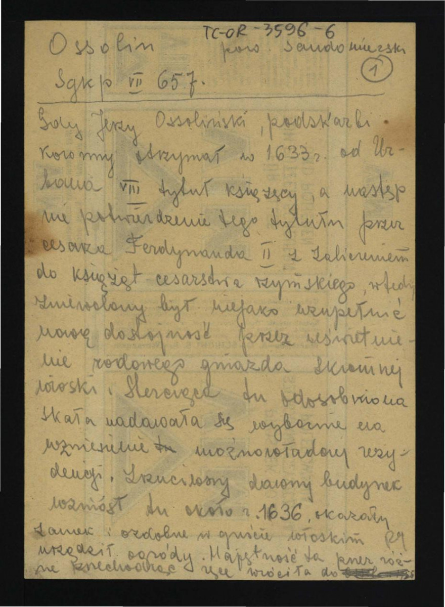 wypis z Słownik Geograficzny Królestwa Polskiego t. VII, s. 657 dotyczący przebudowy zamku z inicjatywy Jerzego Ossolińskiego oraz dalszych dziejów posesji w w tej miejscowości; dwie karty , skan 1