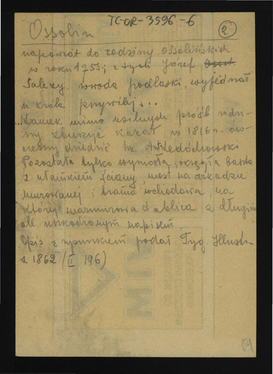 wypis z Słownik Geograficzny Królestwa Polskiego t. VII, s. 657 dotyczący przebudowy zamku z inicjatywy Jerzego Ossolińskiego oraz dalszych dziejów posesji w w tej miejscowości; dwie karty , skan 2