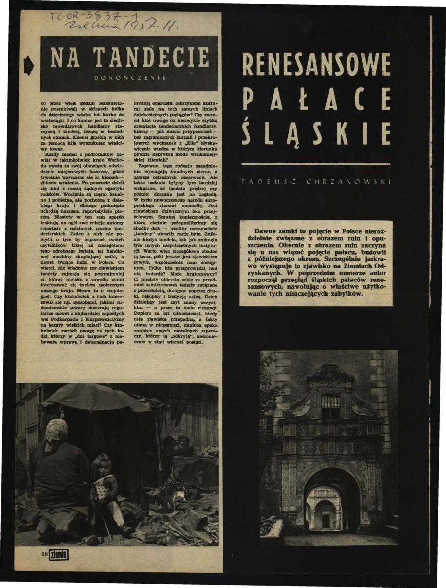 2 karty z czasopisma „Ziemia” nr 11 (1957) zawierające tekst autorstwa T. Chrzanowskiego pt. Renesansowe pałace śląskie dotyczący m.in. pałacu w tej miejscowości; brak obwoluty                                                                   , skan 2