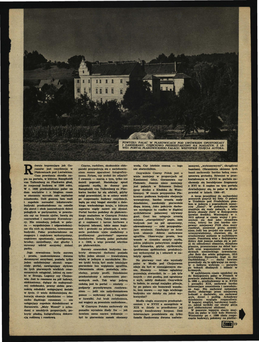 2 karty z czasopisma „Ziemia” nr 11 (1957) zawierające tekst autorstwa T. Chrzanowskiego pt. Renesansowe pałace śląskie dotyczący m.in. pałacu w tej miejscowości; brak obwoluty                                                                   , skan 3