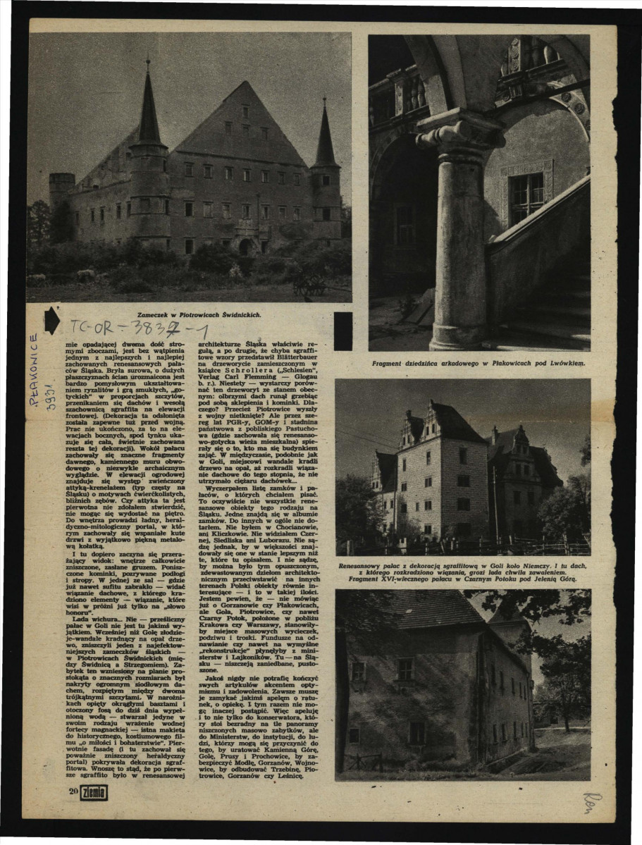 2 karty z czasopisma „Ziemia” nr 11 (1957) zawierające tekst autorstwa T. Chrzanowskiego pt. Renesansowe pałace śląskie dotyczący m.in. pałacu w tej miejscowości; brak obwoluty                                                                   , skan 4