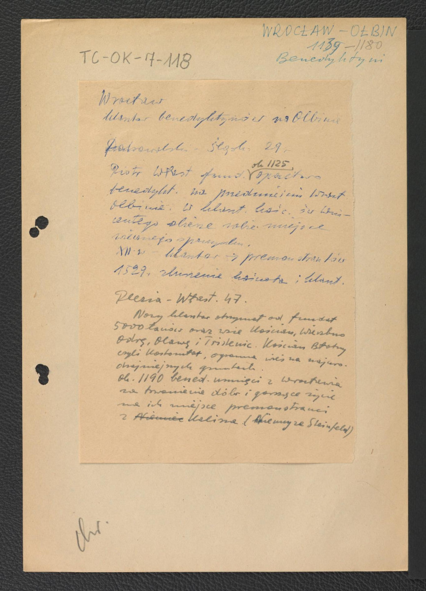 wypis z Dobrowolski Tadeusz, Śląsk, strona 29 wzmiankujący ufundowanie opactwa w 1125 roku przez Piotra Włostowica oraz zburzenie opactwa w 1529 roku; Plezia Marian, Palatyn Piotr Włostowicz. Sylwetka z dziejów Śląska w XII wieku, Warszawa 1947, strona 47 dotycząca donacji Piotra Włostowica na rzecz miejscowego opactwa , skan 1