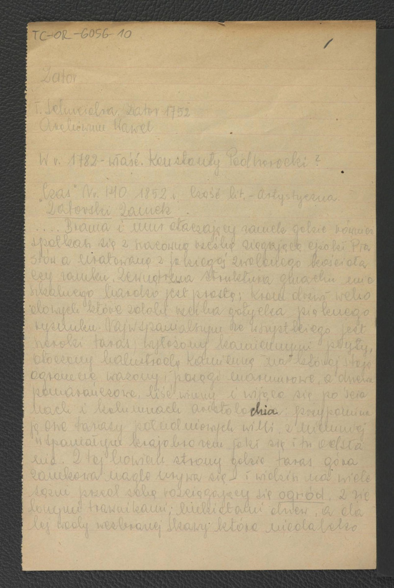 wypis z Tek Schneidra (nr 1752) zawierający wyciągi z czasopisma „Czas” nr 140 (1852), Przewodnika z 1864 r. dotyczącego dziejów oraz prac i kosztów przy miejscowym założeniu parkowego; trzy karty , skan 1