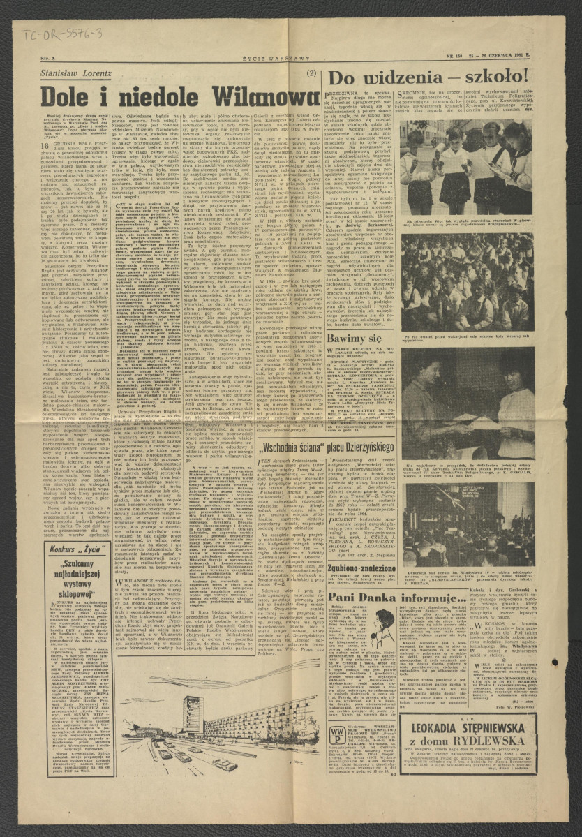 karta z „Życia Warszawy” nr 150 z 25/26 czerwca 1961 r. zawierający artykuł autorstwa Stanisława Lorentza pt. Dole i niedole Wilanowa  , skan 1