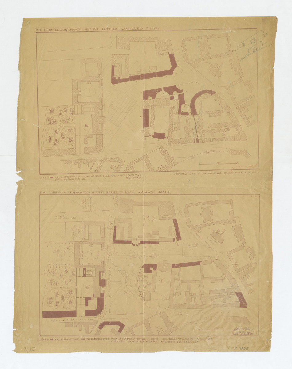 regulacja placu, dwie wersje projektu A. Corazzie'go z 1825 roku, skan 1