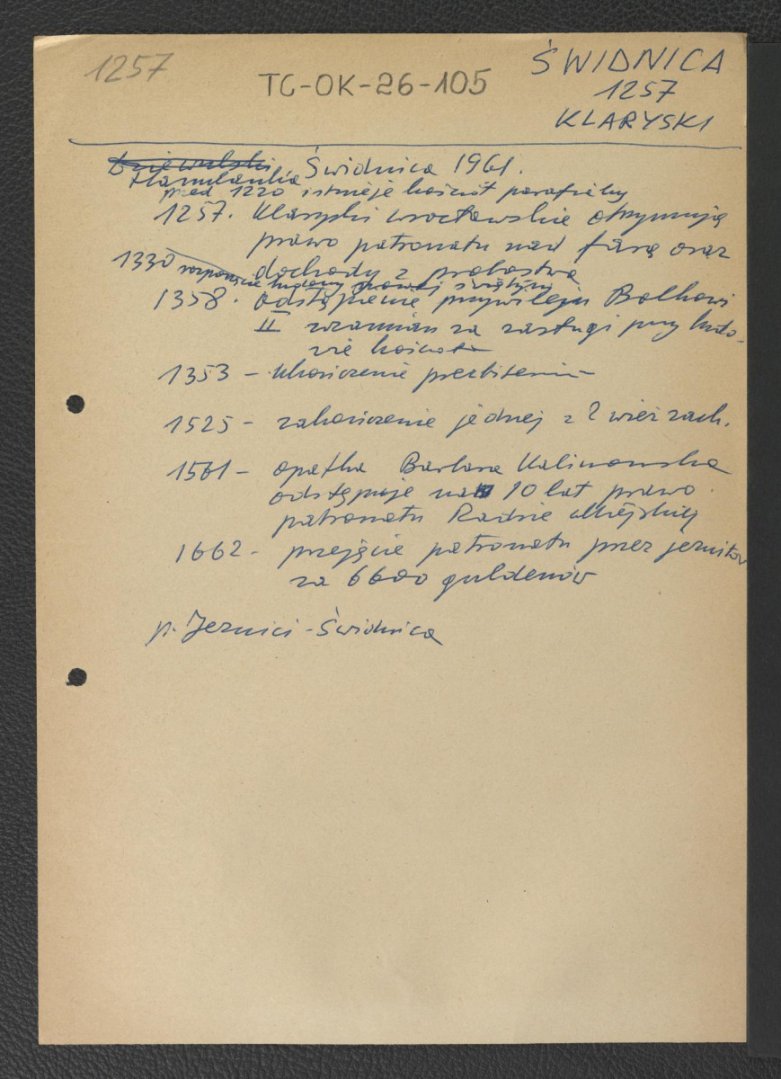 wypis z Hamulanka, Świdnica, 1961 dotyczący chronologii miejscowego opactwa począwszy od ok. 1220 r. kiedy to zaistniał tamtejszy kościół parafialny , skan 1
