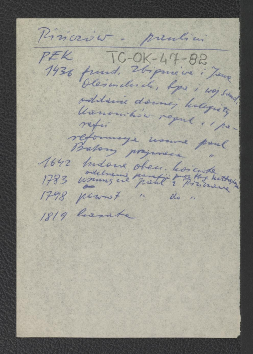 wypis z Podręczna Encyklopedia Kościelna, red. ks. Zygmunt Chełmicki, t. I-XLIV, Warszawa, 1904-1916 zawierający ważniejsze epizody w dziejach miejscowego klasztoru począwszy od roku 1436 , skan 1