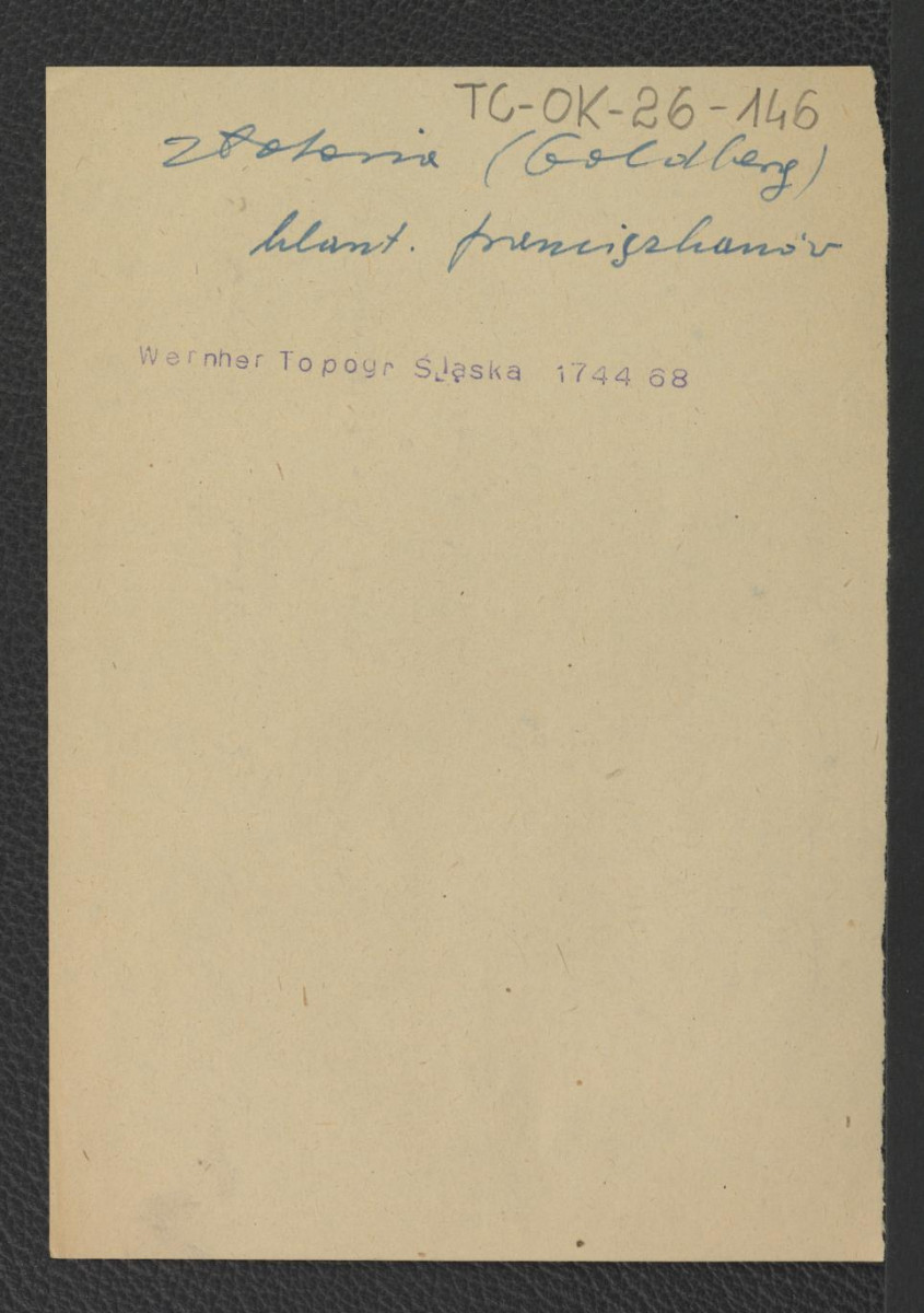 karta opisowa do niezachowanej fotografii reprodukcji ryciny zamieszczonej w Wernher Friedrich Bernhard., Topografia Śląska, 1744-1768                                                                                         , skan 1