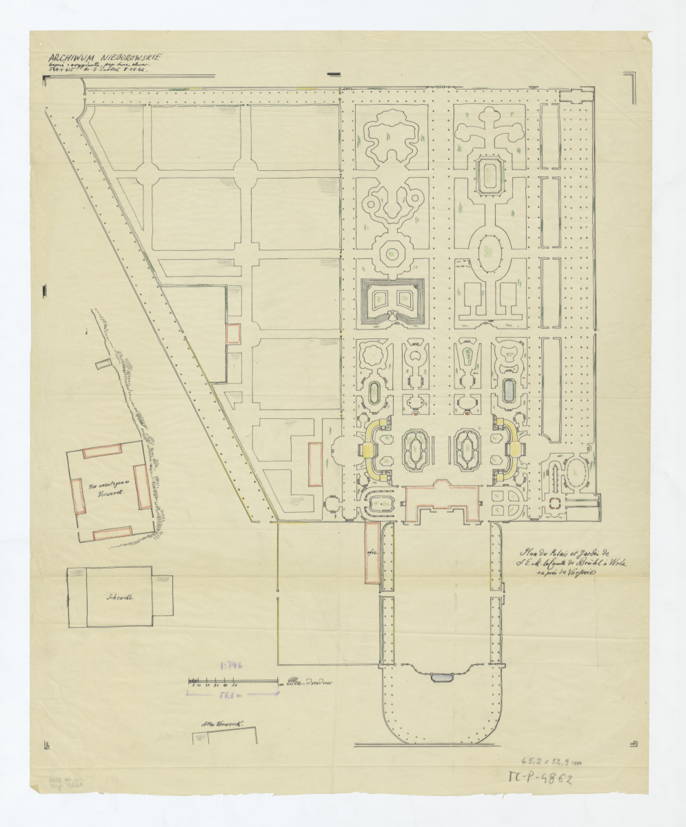 plan sytuacyjny. Napis: Plan du Palais et Jardin de J.E.M. le Comte de Brűhl a' Wola au de Varsovie. Kopia z Archiwum Nieborowskiego, skan 1