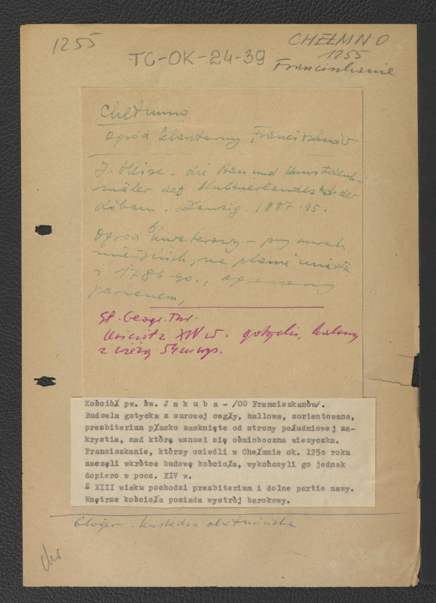 wypis z Heise J., Die Bau und Kunstdenkmäler des Kulmerlandles dem Löbam, Danzig 1887-1895 dot. miejscowego ogrodu; odsyłacz do Gloger Zygmunt, Encyklopedia Staropolska, Warszawa 1902 wzmiankujący gotycki kościół z XIV w.; zawiera ponadto zwięzłą charakterystykę architektoniczną miejscowego zespołu klasztornego , skan 1