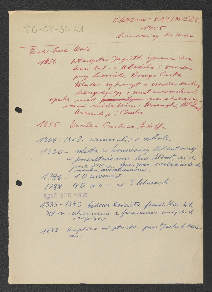 wypis z Podręczna Encyklopedia Kościelna, red. ks. Zygmunt Chełmicki, t. I-XLIV, Warszawa, 1904-1916 zawierający ważniejsze daty w dziejach miejscowego klasztoru począwszy od roku 1335 kiedy to Kazimierz Wielki zainicjował budowę tamtejszego kościoła , skan 1