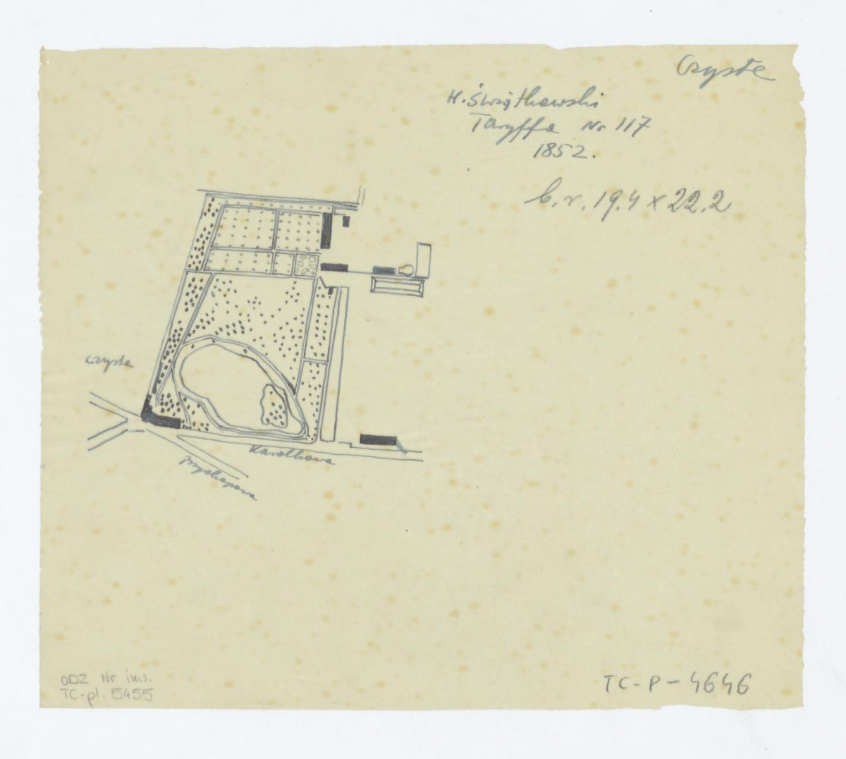 odrys ogrodu przy zbiegu ulic Karolkowej i Przyokopowej z 1852 roku, skan 1