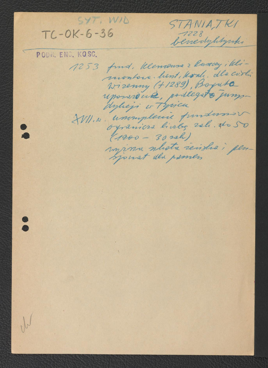 wypis z Podręczna Encyklopedia Kościelna, red. ks. Zygmunt Chełmicki, tom I-XLIV, Warszawa, 1904-1916 wzmiankująca ufundowanie miejscowego klasztoru przez Klemensa z Ruszczy w 1253 roku oraz wyższą szkołę żeńską przy miejscowym klasztorze w XVII wieku , skan 1