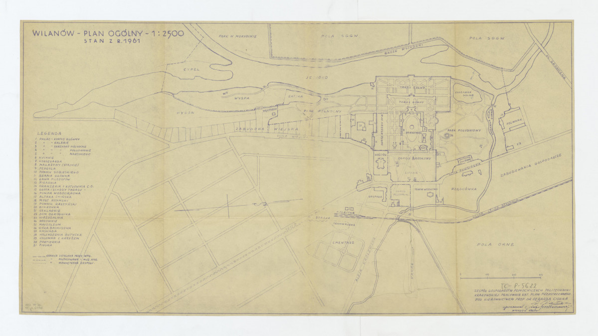 Wilanów-ogólny plan sytuacyjny. Napisy: WILANÓW - PLAN OGÓLNY STAN  z roku 1961. Napisy objaśniające, legenda, skan 1