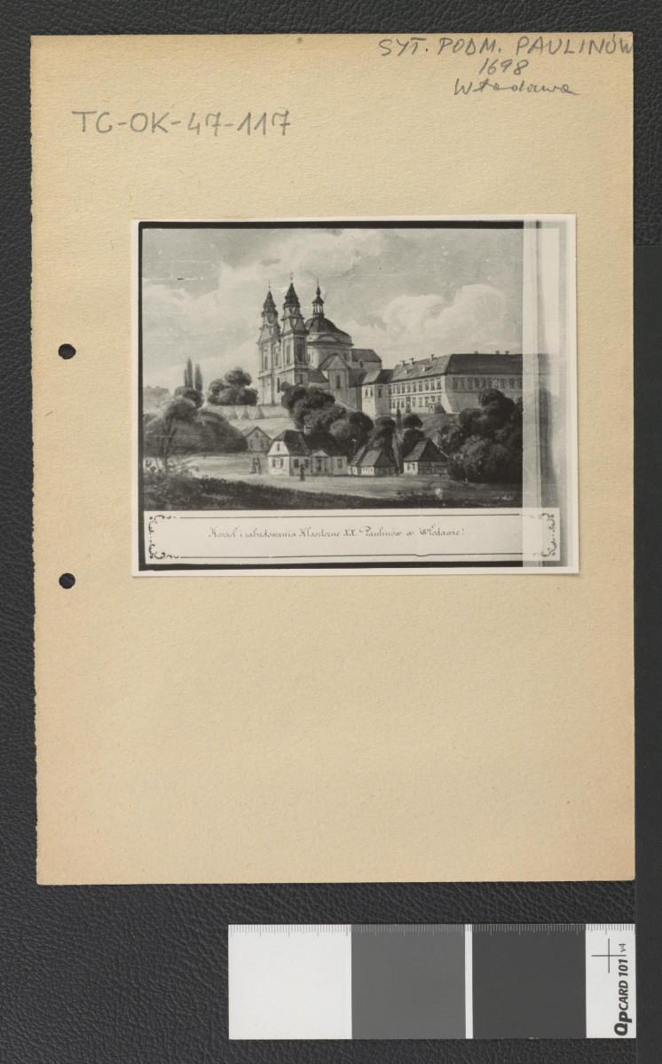 reprodukcja akwareli z epoki przedstawiająca widok na miejscowy zespół klasztorny , skan 1