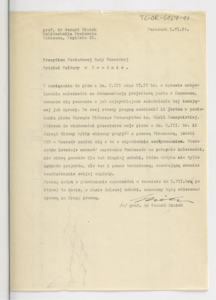kolejne upomnienie z 5 czerwca 1961 r. ze strony G. Ciołka do Wydziału Kultury Prezydium Powiatowej Rady Narodowej w Krośnie o wypłatę należnego wynagrodzenia za wykonane zlecenie  , skan 1