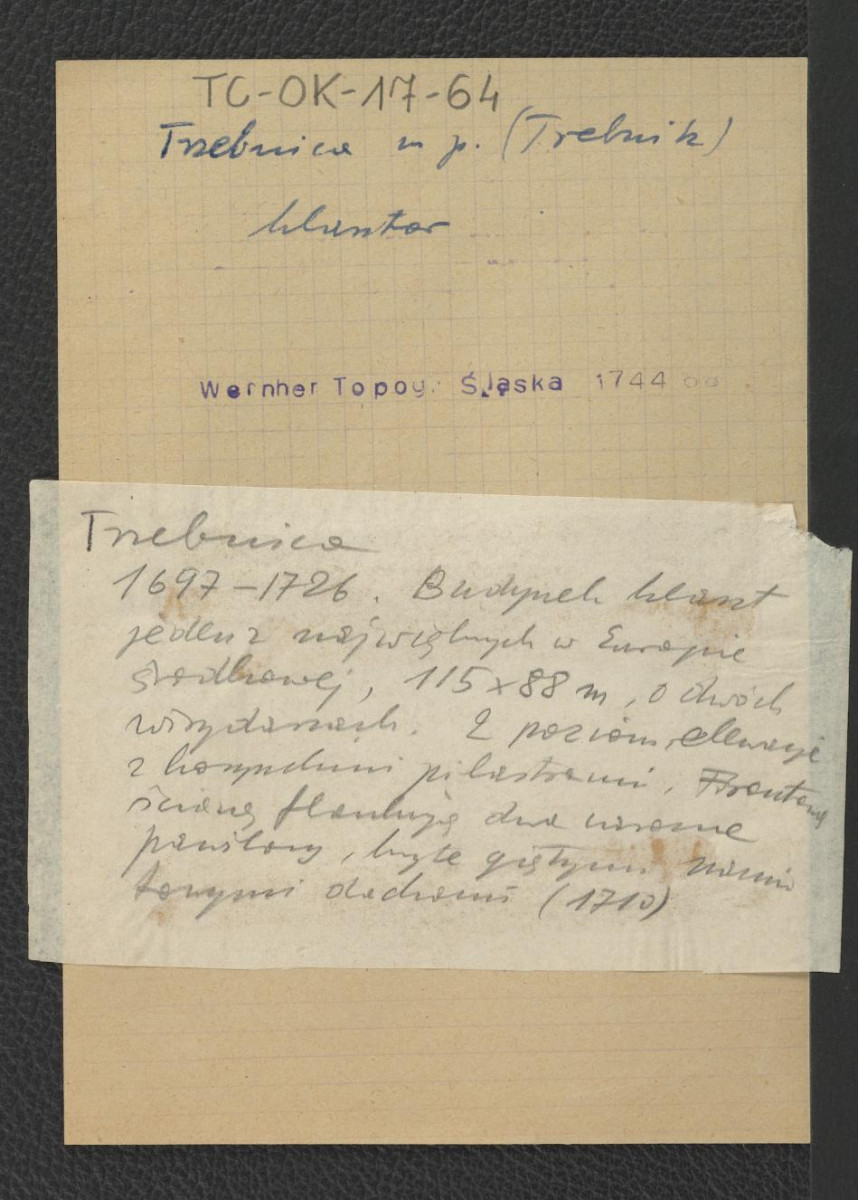 karta opisowa do fotografii reprodukcji ryciny zamieszczonej w Wernher Friedrich Bernhard, Topografia Śląska, 1744-1768; ponadto wzmianka o zabudowaniach klasztornych wzniesionych w latach 1697-1726, skan 1