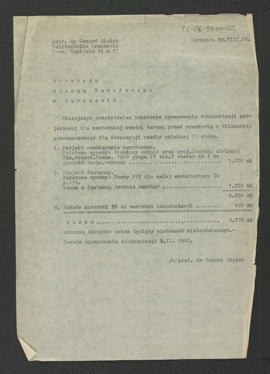 kosztorys opracowania z dokumentacji projektowej z 18 sierpnia 1961 r. dla zachodniej części tarasu przed oranżerią w Wilanowie , skan 1