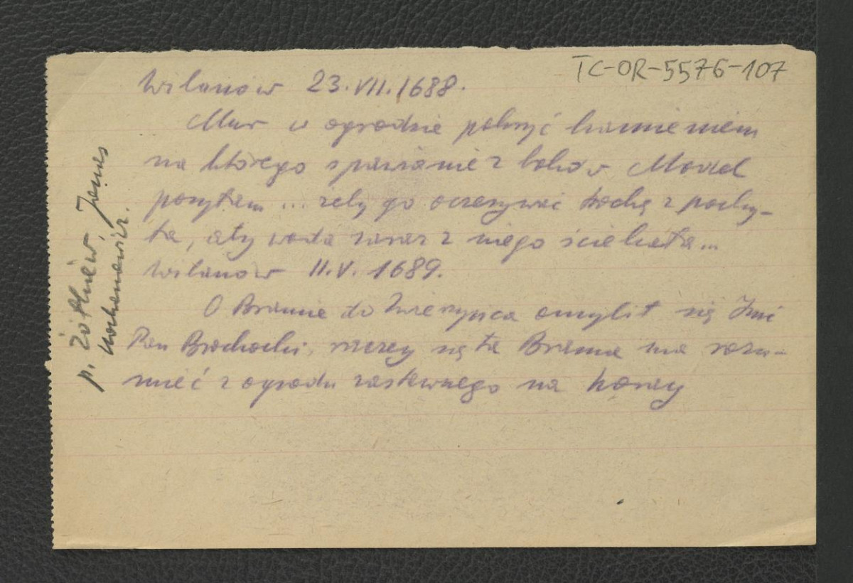 fragment korespondencji z 23 lipca 1688 r. oraz 11 maja 1689 r. dotyczący muru w ogrodzie oraz bramy , skan 1
