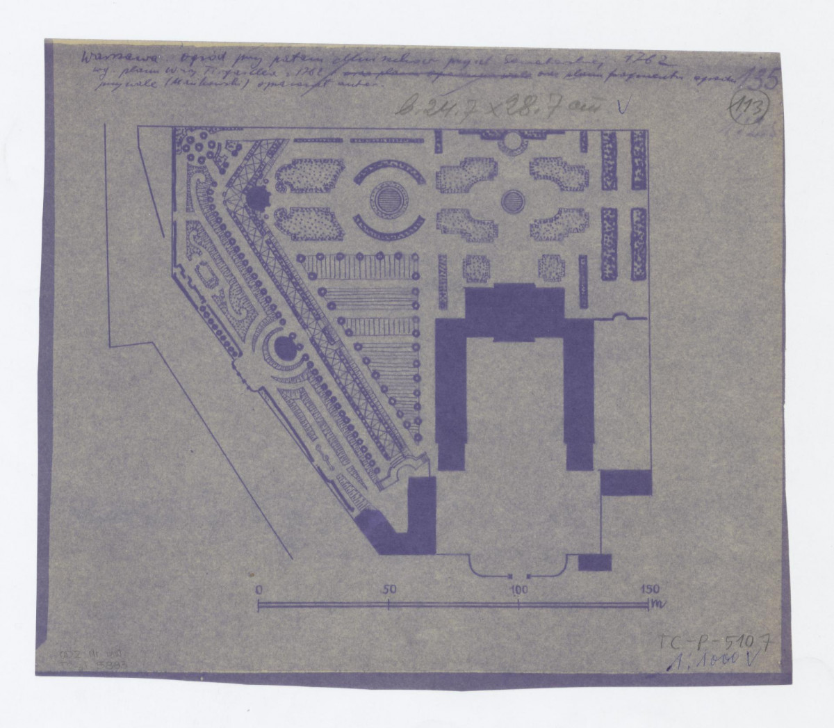 Śródmieście - plan pałacu opracowany według Tiregaille'a z 1762 rok oraz fragmentu ogrodu opracowanego przez Gerarda Ciołka, skan 1
