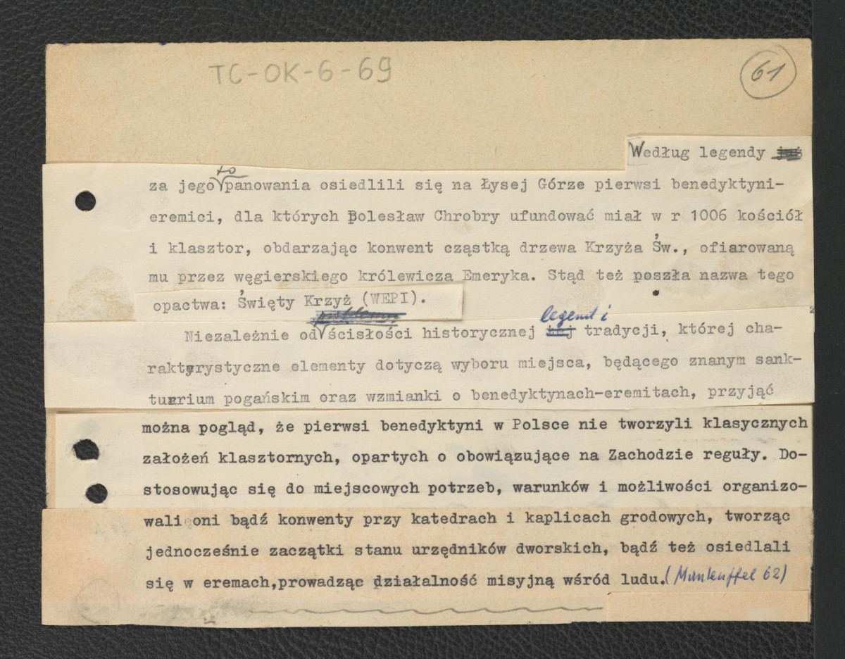 notatka wzmiankująca legendę o osiedleniu się benedyktynów na Łysej Górze w czasach panowania Bolesława Chrobrego, skan 1
