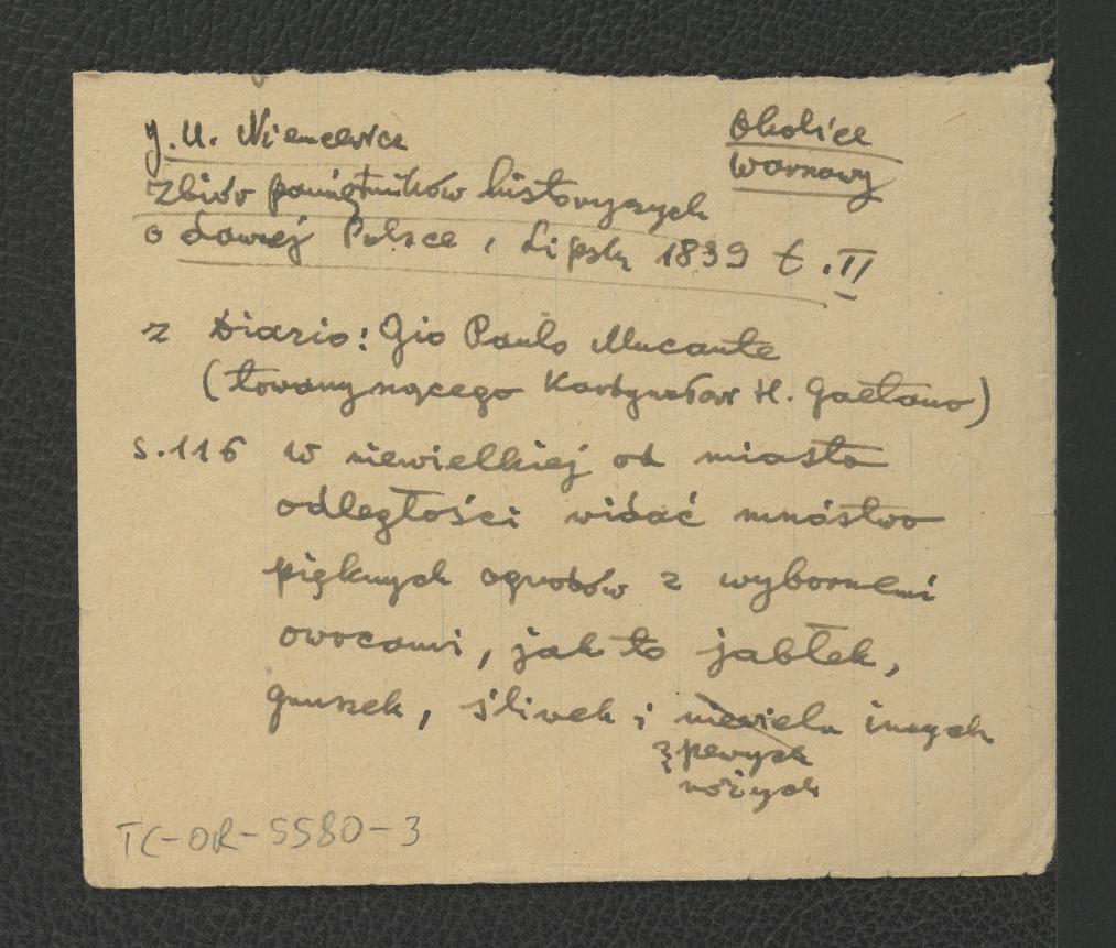 wypis z Niemcewicz J.U., Zbiór pamiętników o dawnej Polszcze, t. III, Lips: Breitkopf i Haertel 1839, s. 116 dotyczący ogrodów usytuowanych w niewielkiej odległości od miasta , skan 1