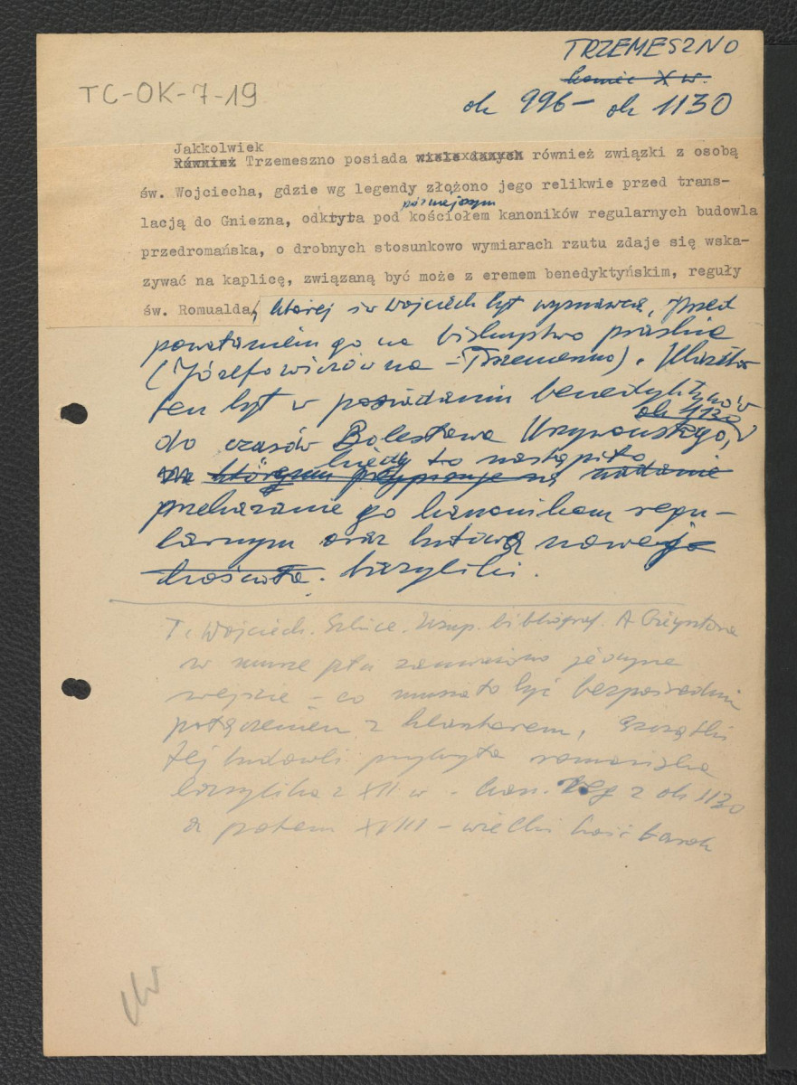 notatka dotycząca związków miejscowego eremu ze św. Wojciechem; wypis z Wojciechowski Tadeusz, Szkice historyczne, Kraków 1952 dotyczący pozostałości dawnego kościoła   , skan 1