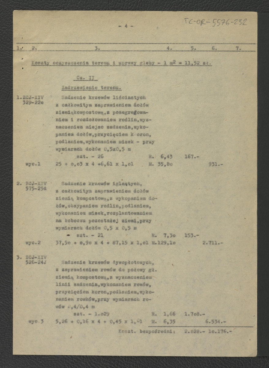 kosztorys do projektu techniczno-roboczego nasadzanie roślin: Wilanów – ogród pałacowy (dziedziniec pałacowy) autorstwa E. Dobrowolskiego z 17 marca 1962 r.; trzynaście kart , skan 4