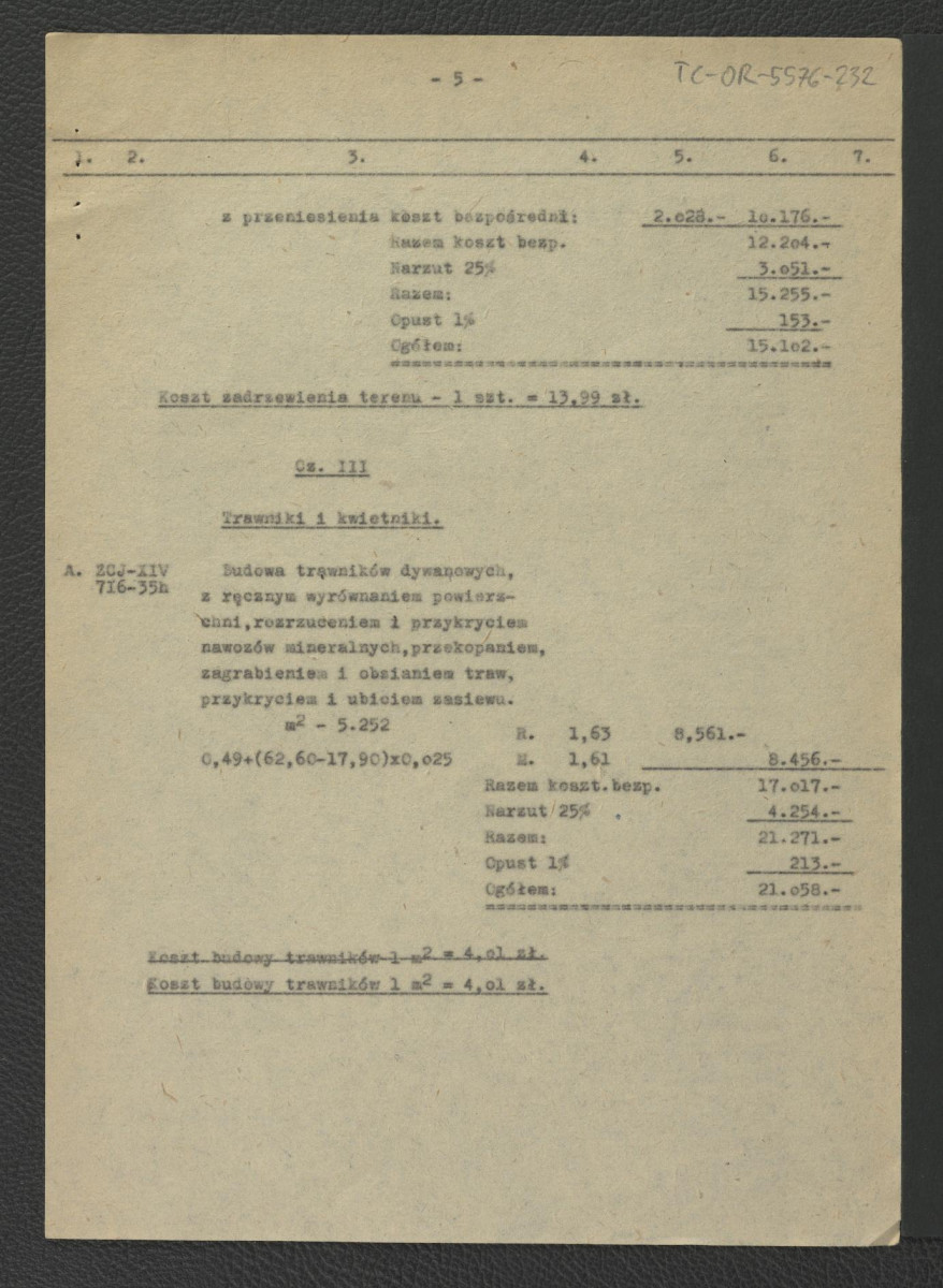 kosztorys do projektu techniczno-roboczego nasadzanie roślin: Wilanów – ogród pałacowy (dziedziniec pałacowy) autorstwa E. Dobrowolskiego z 17 marca 1962 r.; trzynaście kart , skan 5