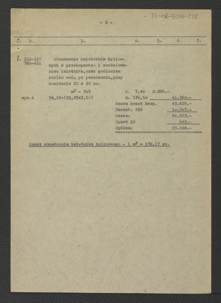 kosztorys do projektu techniczno-roboczego nasadzanie roślin: Wilanów – ogród pałacowy (dziedziniec pałacowy) autorstwa E. Dobrowolskiego z 17 marca 1962 r.; trzynaście kart , skan 6
