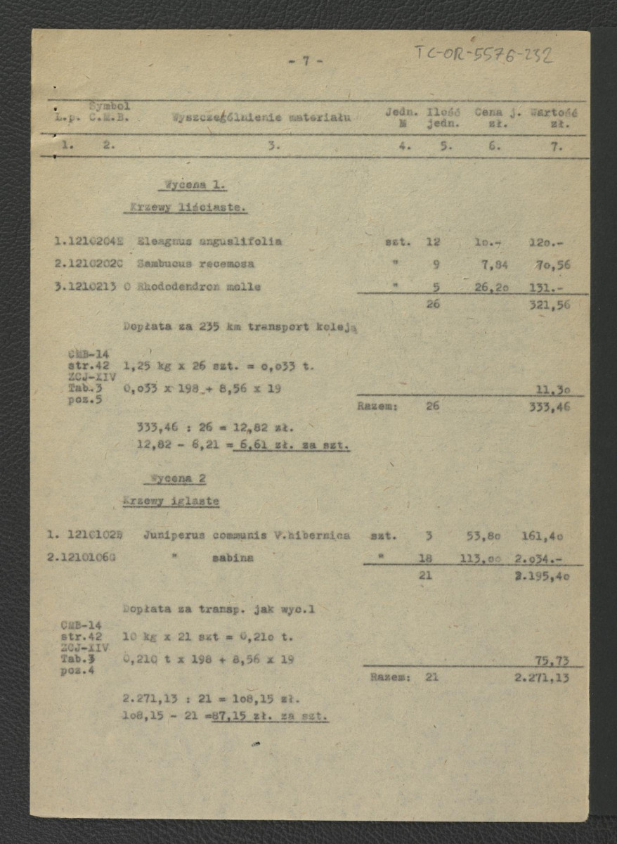 kosztorys do projektu techniczno-roboczego nasadzanie roślin: Wilanów – ogród pałacowy (dziedziniec pałacowy) autorstwa E. Dobrowolskiego z 17 marca 1962 r.; trzynaście kart , skan 7