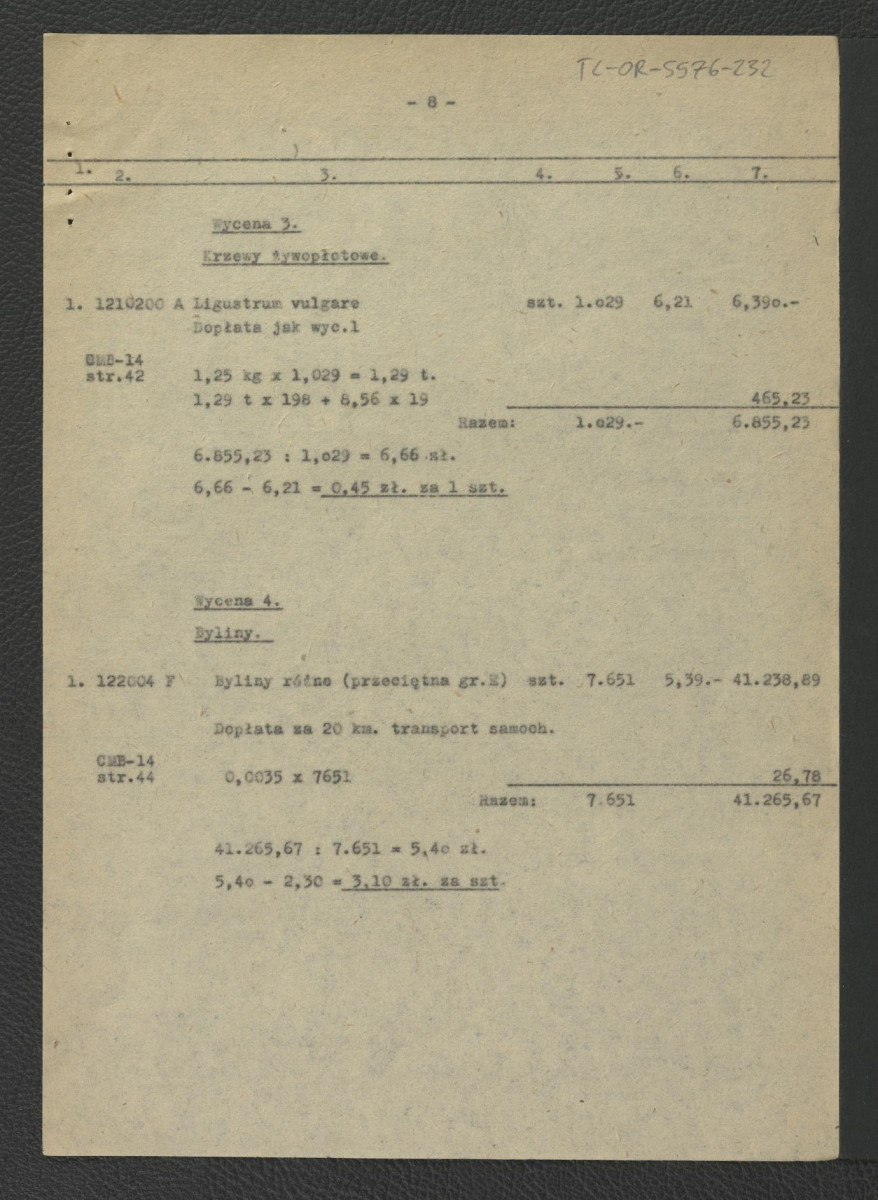 kosztorys do projektu techniczno-roboczego nasadzanie roślin: Wilanów – ogród pałacowy (dziedziniec pałacowy) autorstwa E. Dobrowolskiego z 17 marca 1962 r.; trzynaście kart , skan 8