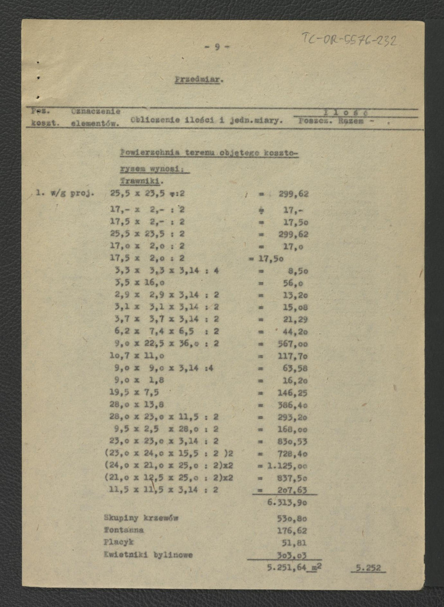 kosztorys do projektu techniczno-roboczego nasadzanie roślin: Wilanów – ogród pałacowy (dziedziniec pałacowy) autorstwa E. Dobrowolskiego z 17 marca 1962 r.; trzynaście kart , skan 9