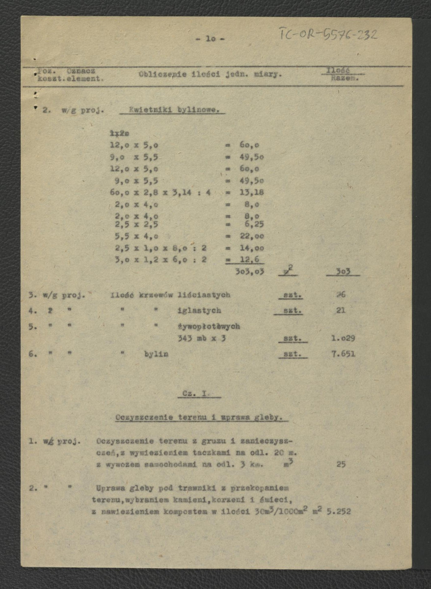 kosztorys do projektu techniczno-roboczego nasadzanie roślin: Wilanów – ogród pałacowy (dziedziniec pałacowy) autorstwa E. Dobrowolskiego z 17 marca 1962 r.; trzynaście kart , skan 10