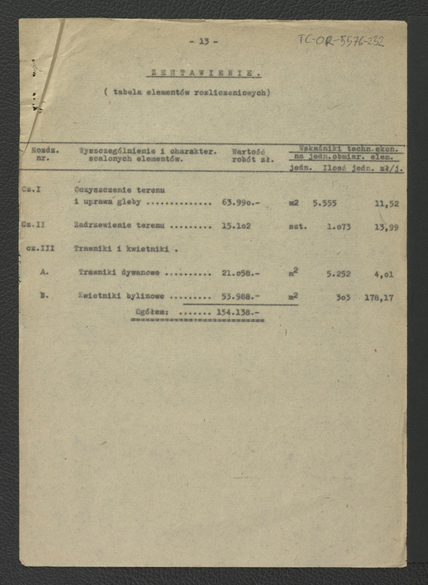 kosztorys do projektu techniczno-roboczego nasadzanie roślin: Wilanów – ogród pałacowy (dziedziniec pałacowy) autorstwa E. Dobrowolskiego z 17 marca 1962 r.; trzynaście kart , skan 13